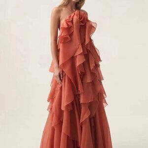 AJE Pandorea Layered Maxi Dress Floral Ruffle Coral Clay